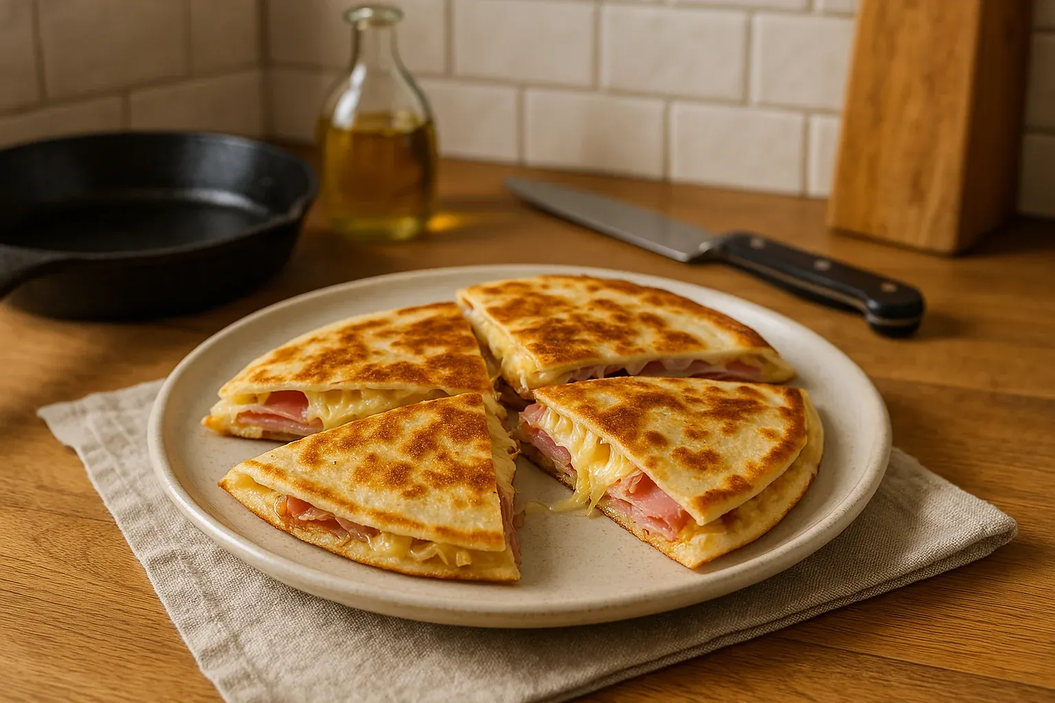 Golden brown quesadillas filled with ham and melted cheese on a plate, with a skillet, knife, and oil bottle in the background.