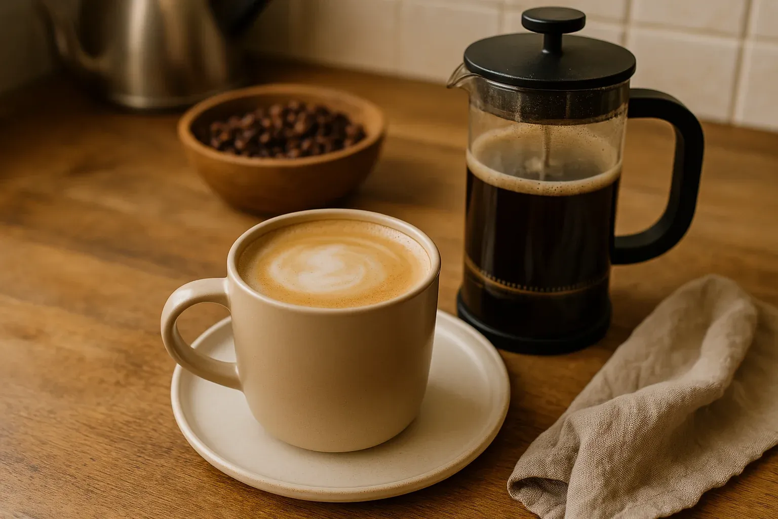 Latte in a beige cup on a saucer next to a French press with coffee and a bowl of coffee beans on a wooden counter.