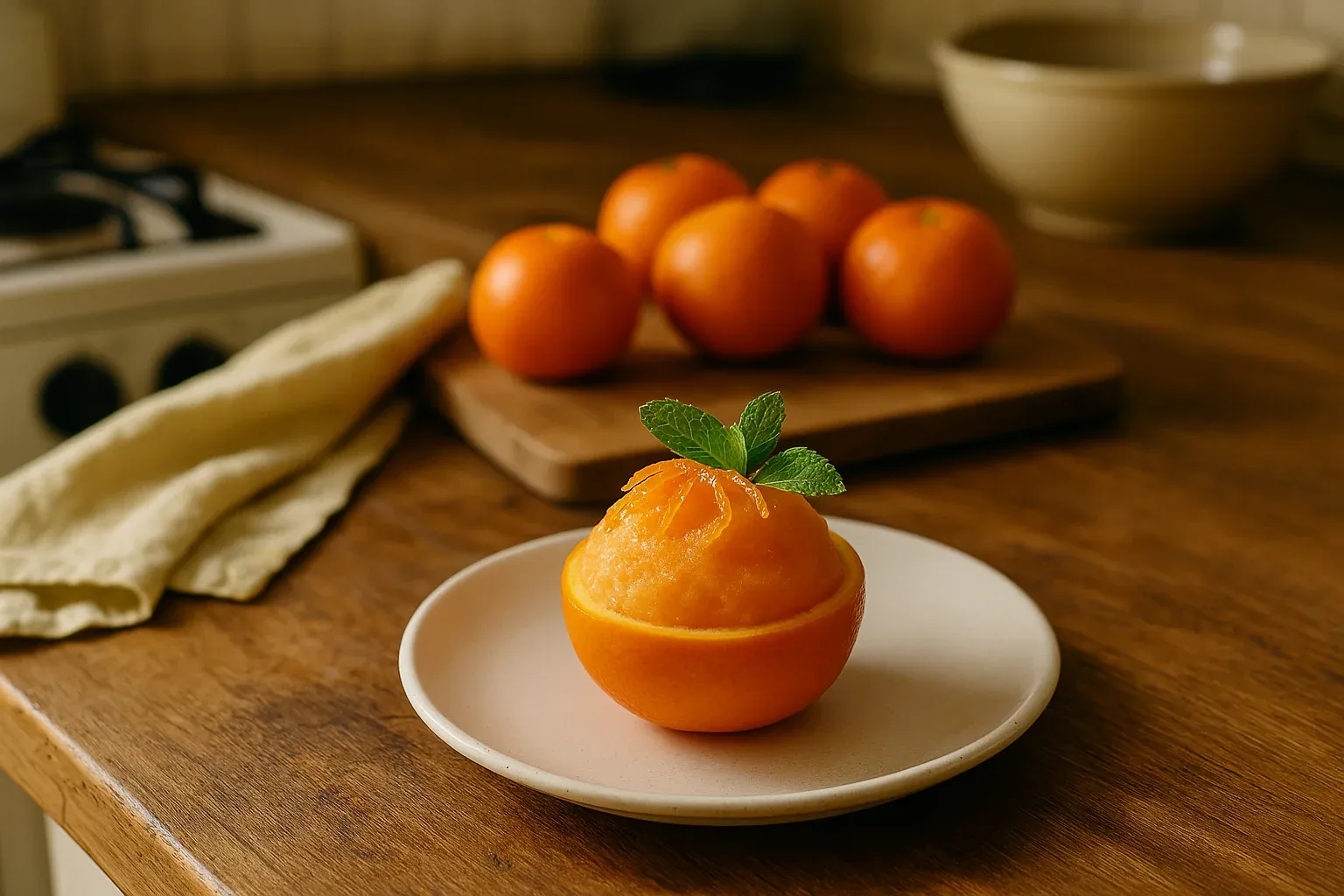 Orange sorbet served in a hollowed orange half, garnished with mint leaves, with whole oranges in the background on a wooden kitchen counter.