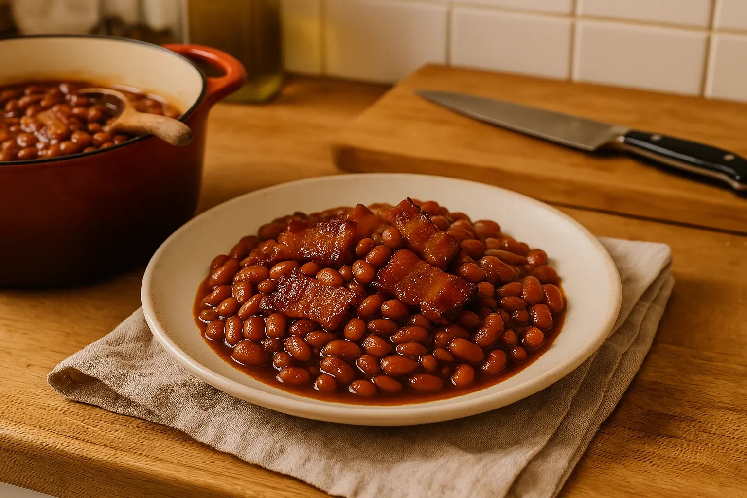 A plate of baked beans topped with crispy bacon sits on a kitchen counter beside a pot of beans and a knife.