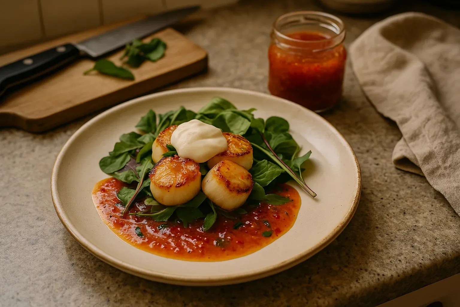 Seared scallops on a bed of greens with tomato sauce, topped with a dollop of cream, next to a jar of sauce and a knife on a cutting board.