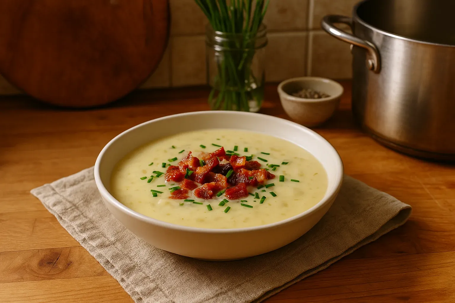 Creamy potato soup topped with crispy bacon bits and chopped chives in a white bowl on a wooden table.