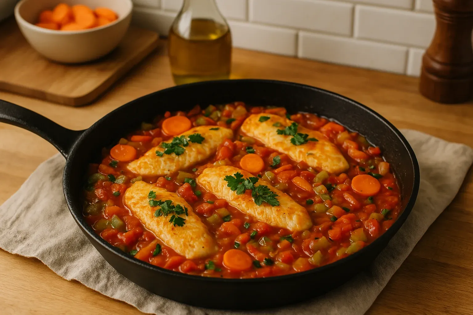 Skillet with cooked chicken fillets in tomato sauce, garnished with parsley, and surrounded by diced vegetables and carrot slices.