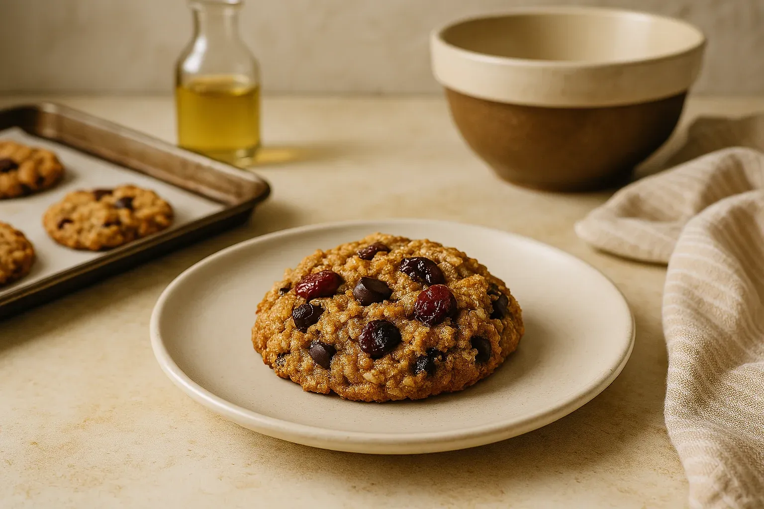 A freshly baked oatmeal cookie with chocolate chips and dried cranberries on a plate, with more cookies on a baking sheet in the background.