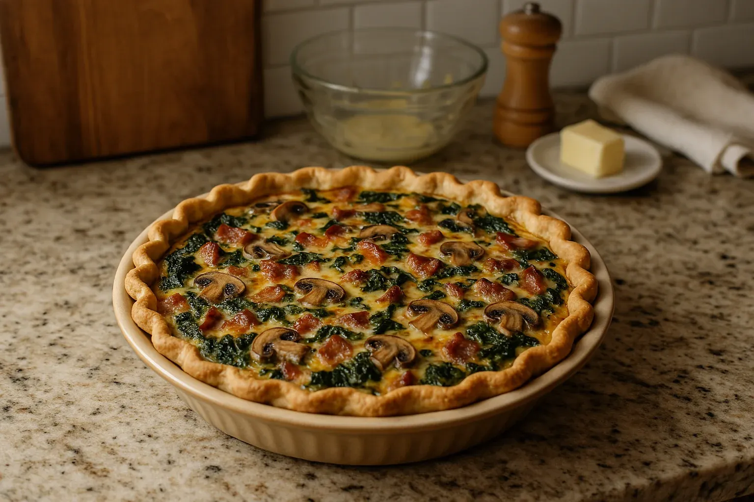 Golden-brown quiche with mushrooms, spinach, and bacon on a granite countertop, with butter and kitchen utensils in the background.