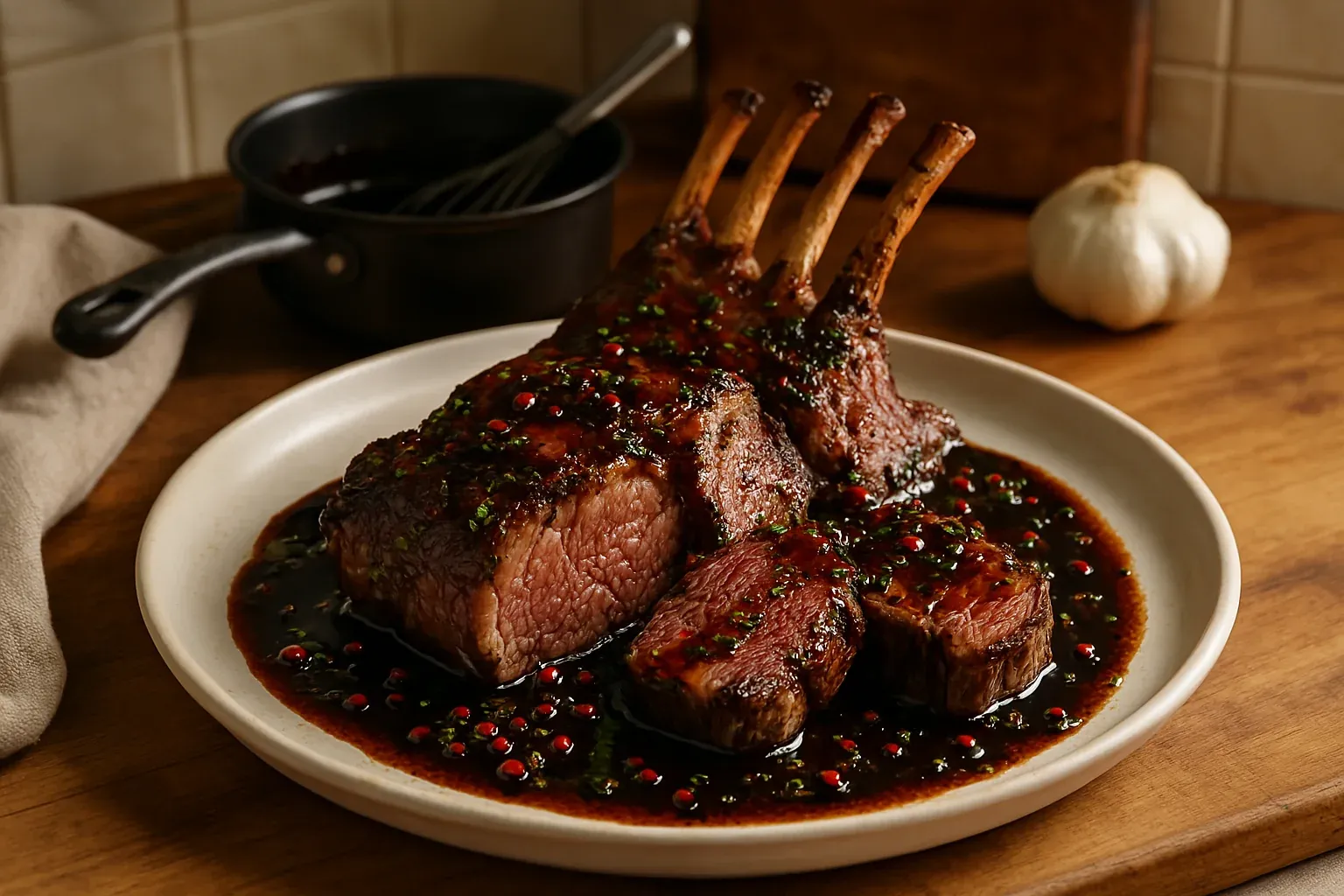 Rack of lamb with a rich, glossy sauce garnished with herbs and peppercorns on a white plate, perfect for a gourmet recipe.