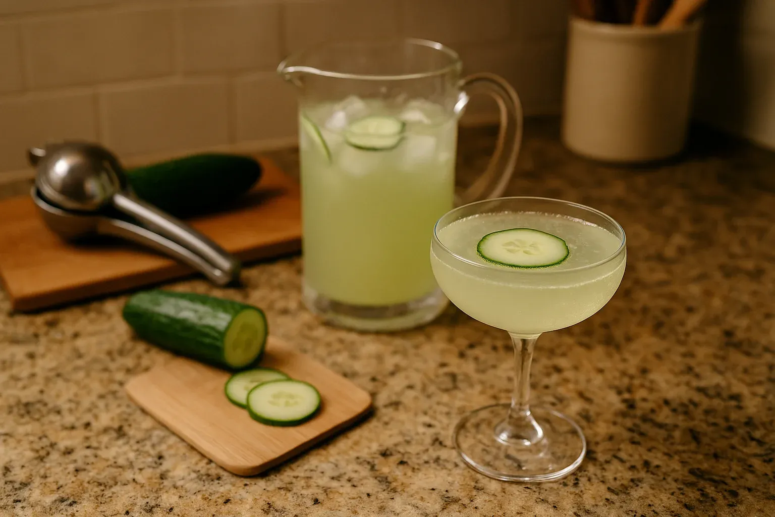Refreshing cucumber cocktail garnished with cucumber slice, pitcher of drink, fresh cucumber, and citrus juicer on kitchen counter.
