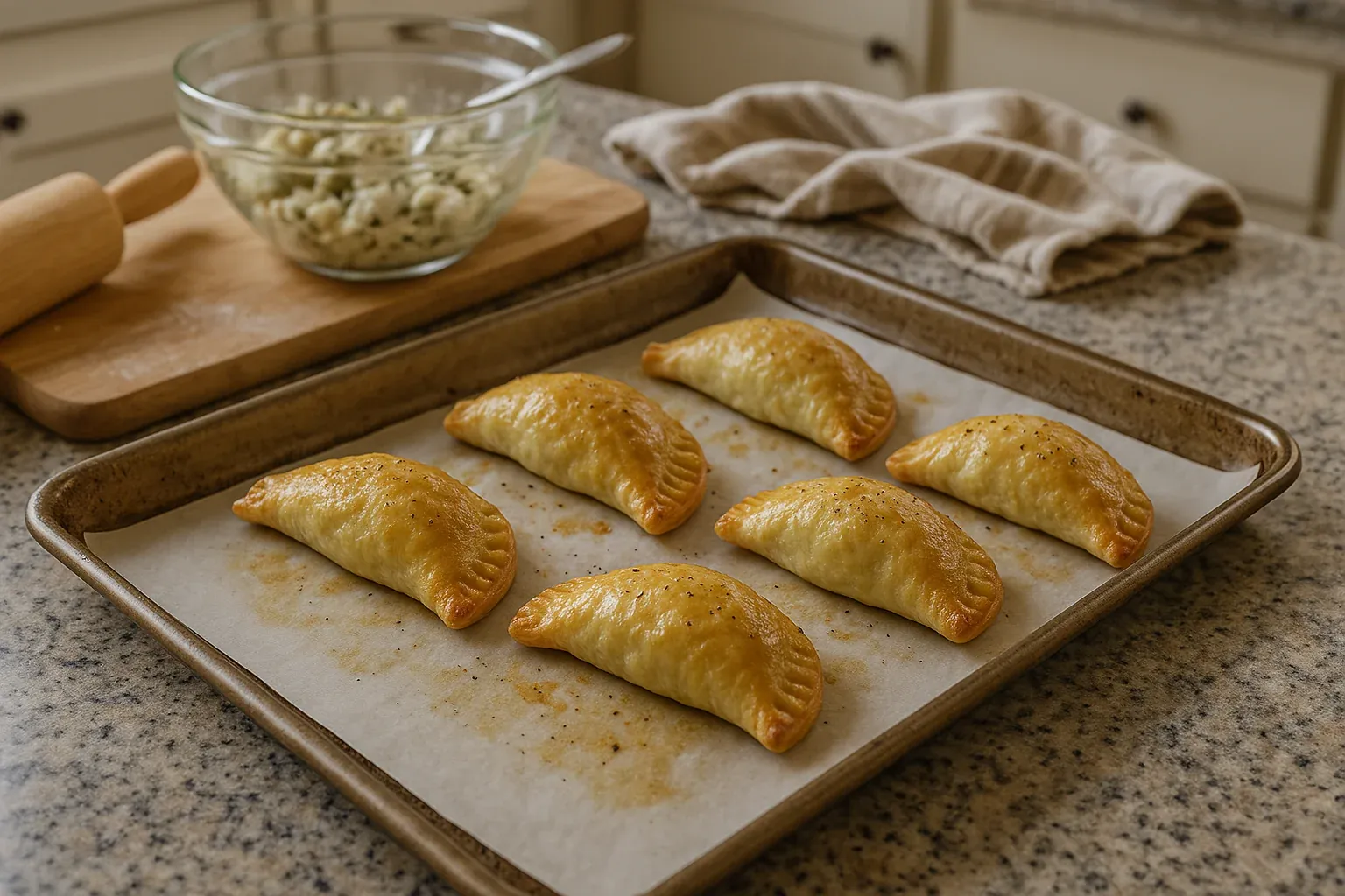Golden-brown empanadas on a baking tray with a bowl of filling and rolling pin in the background, ready to be served.
