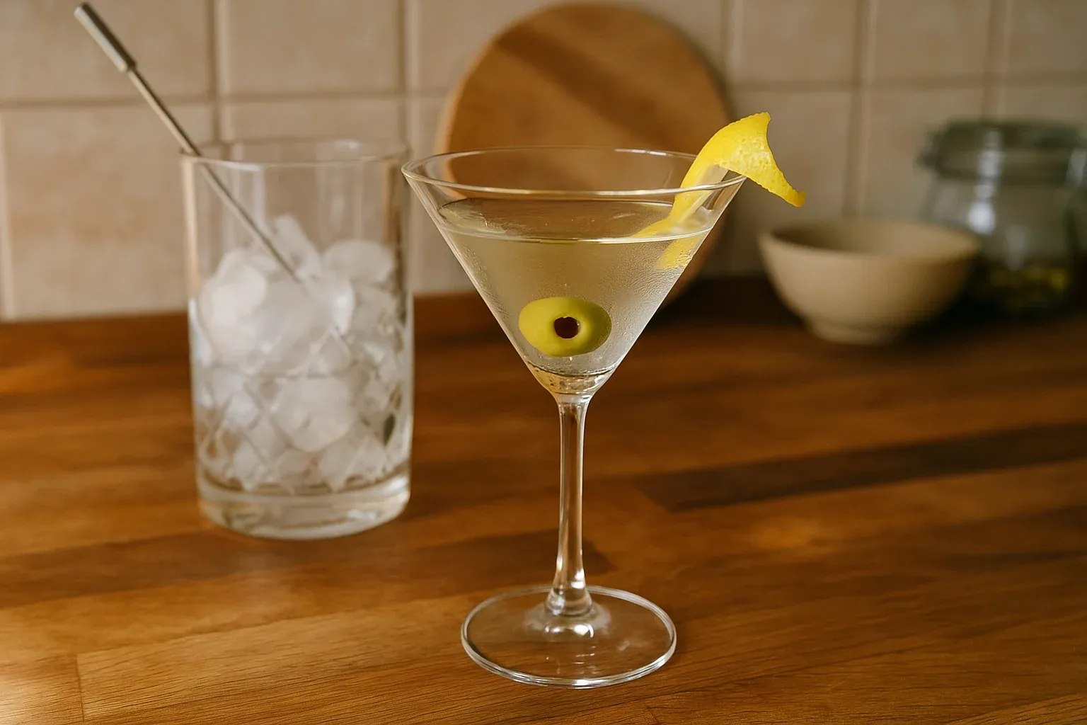 Classic martini garnished with an olive and lemon twist, served in a cocktail glass next to a mixing glass with ice.