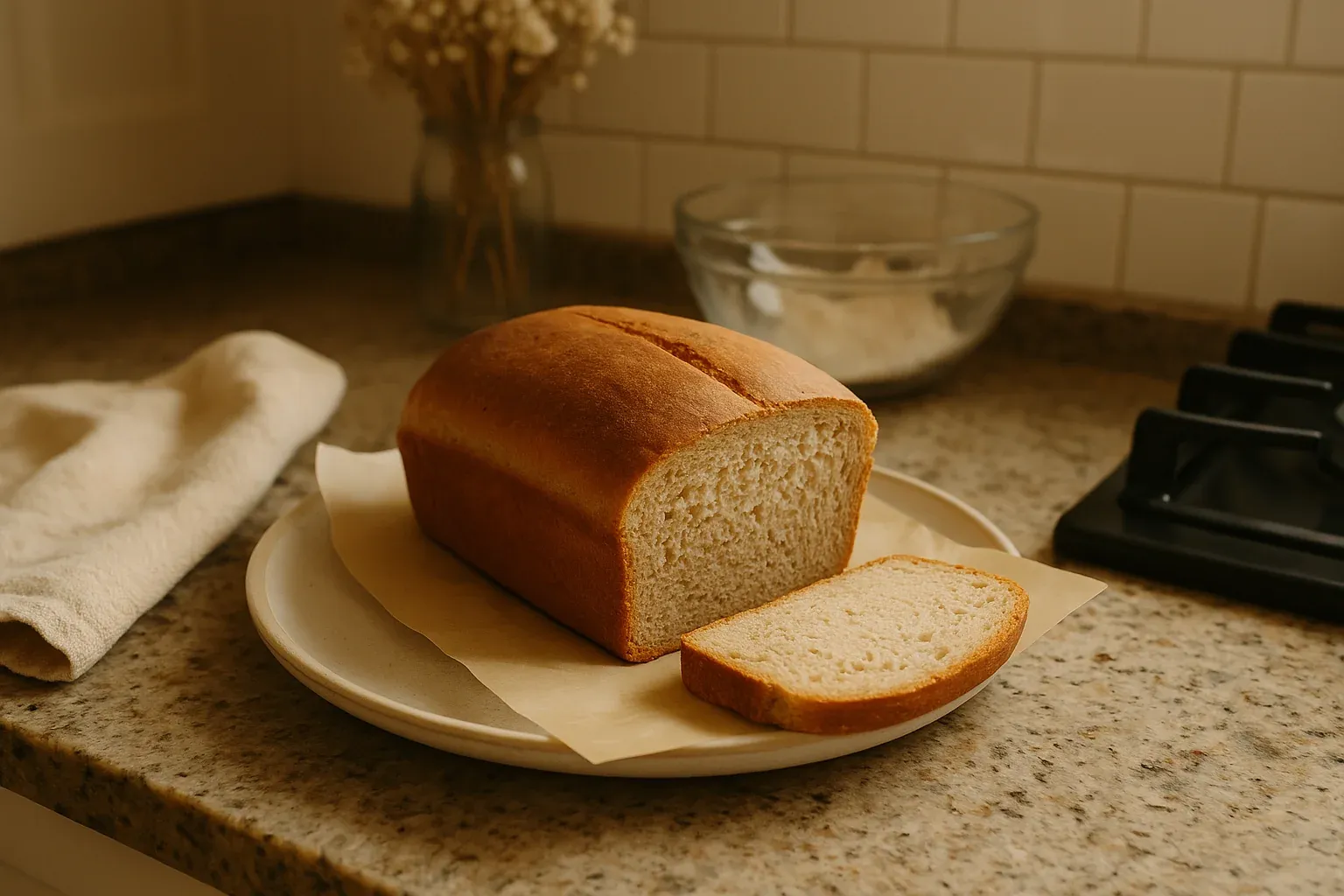 Golden brown loaf of homemade bread with a slice cut, resting on a plate in a cozy kitchen setting.