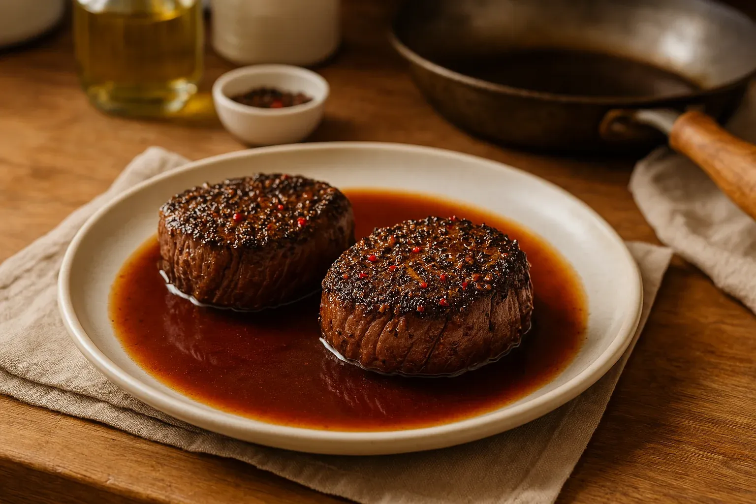 Two pepper-crusted filet mignon steaks in a rich brown sauce on a white plate, with a pan and spices in the background.