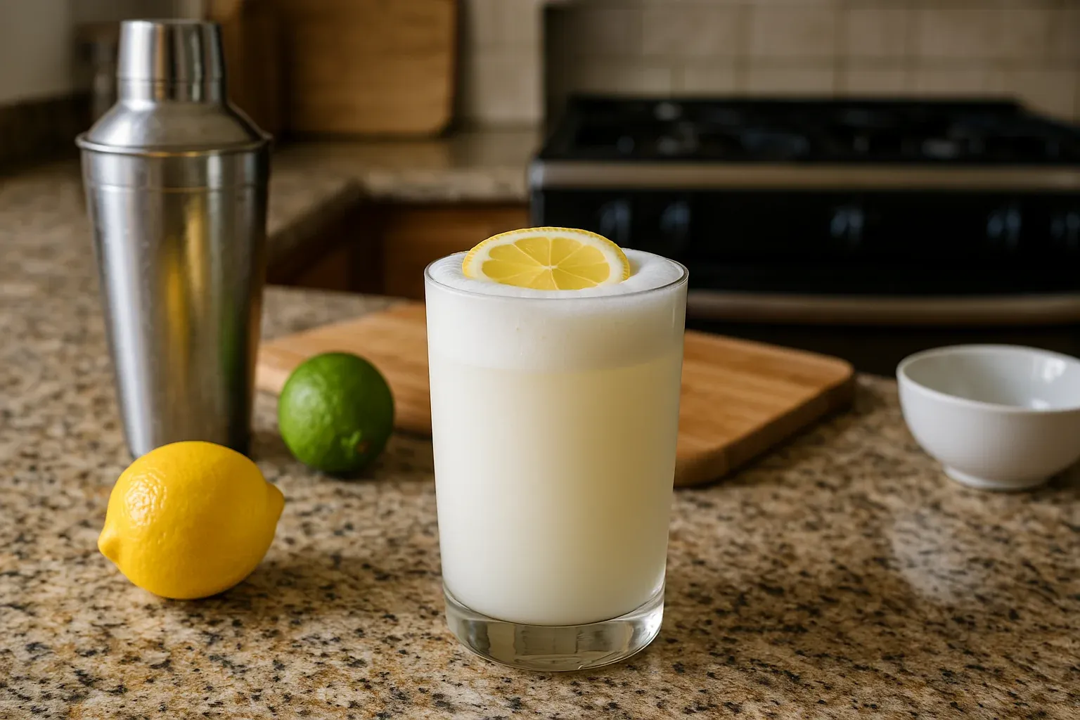 A frothy lemon cocktail garnished with a lemon slice, with a shaker, lemon, and lime on a granite countertop in a kitchen setting.