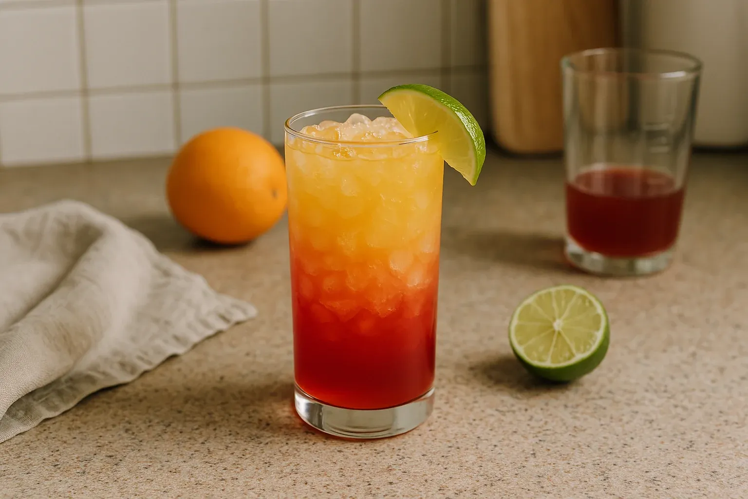 A refreshing cocktail featuring layered orange juice and grenadine, garnished with a lime wedge, set on a kitchen counter with fresh citrus fruits.