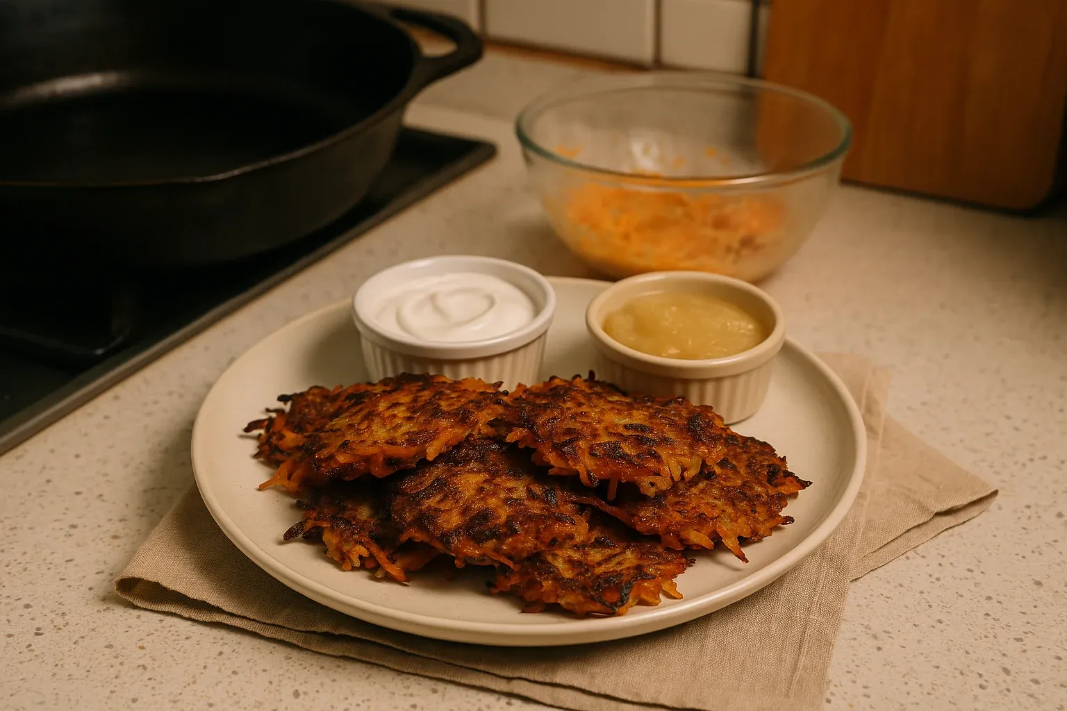 Crispy potato latkes served with sour cream and applesauce on a plate, with a bowl of grated potatoes in the background.