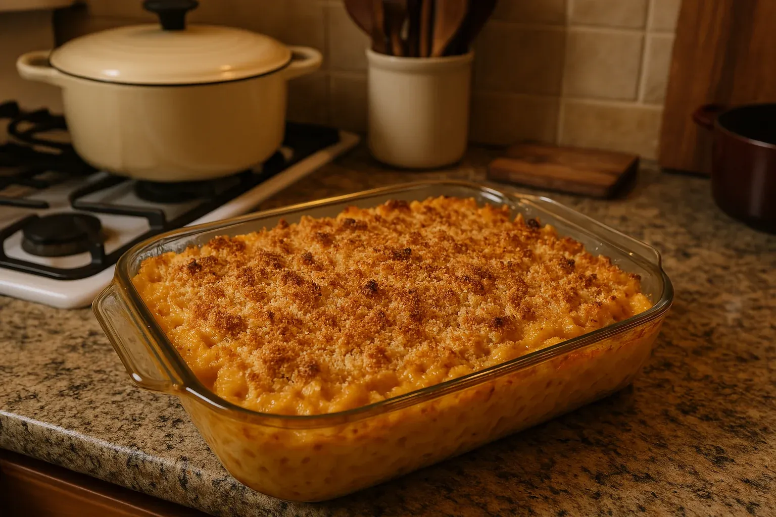 Golden, crispy-topped baked macaroni and cheese in a glass casserole dish on a kitchen counter.