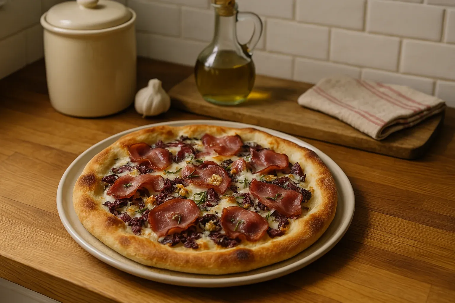 Freshly baked pizza with thinly sliced cured meat, cheese, and herbs on a wooden countertop with a garlic bulb and olive oil in the background.