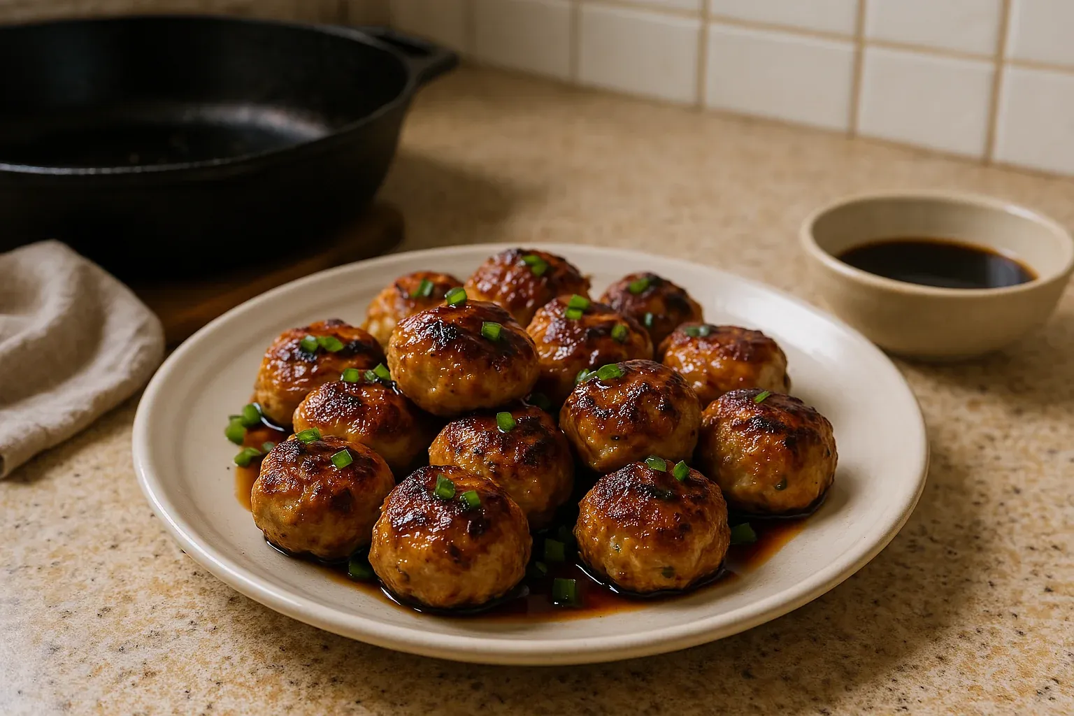Plate of glazed chicken meatballs garnished with chopped green onions, with a small bowl of dipping sauce and a skillet in the background.