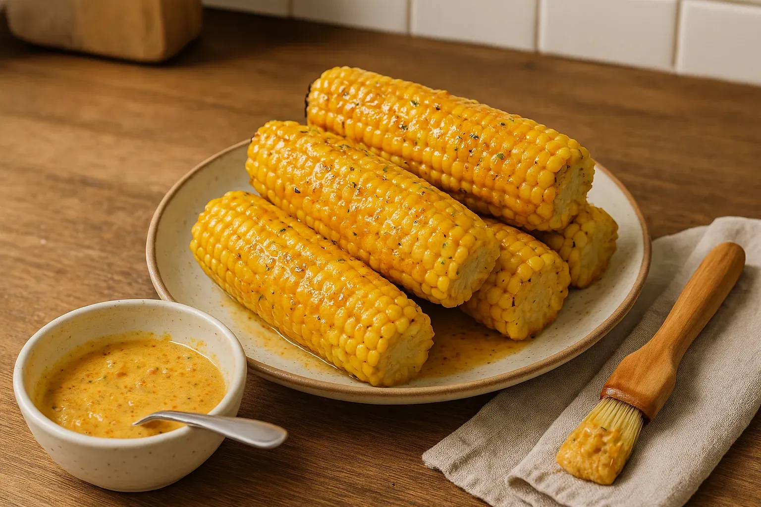Grilled corn on the cob with a side of spicy butter sauce and a basting brush on a wooden table.