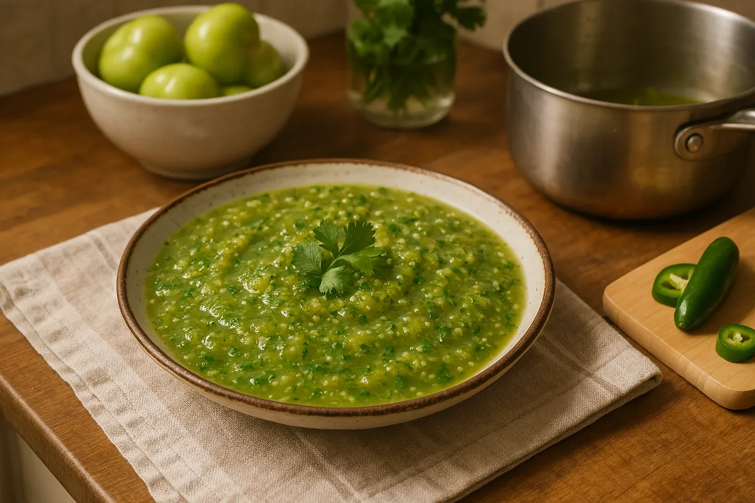 A bowl of vibrant green tomatillo salsa garnished with cilantro, with fresh tomatillos and jalapeño slices on the side.