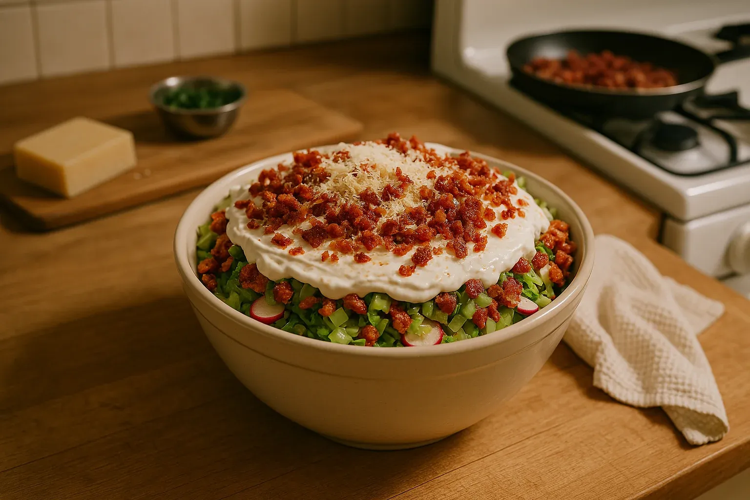 Layered salad topped with shredded cheese and crispy bacon bits in a kitchen setting.
