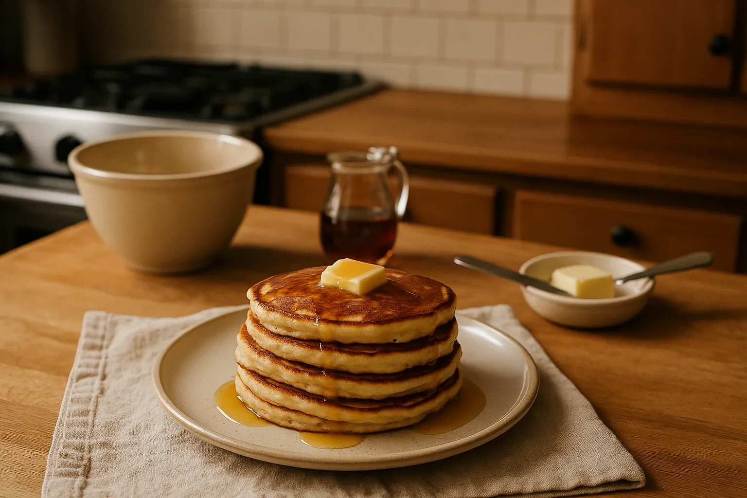 Stack of fluffy pancakes topped with butter and syrup on a plate, with a bowl of butter and a syrup jug on a wooden kitchen counter.