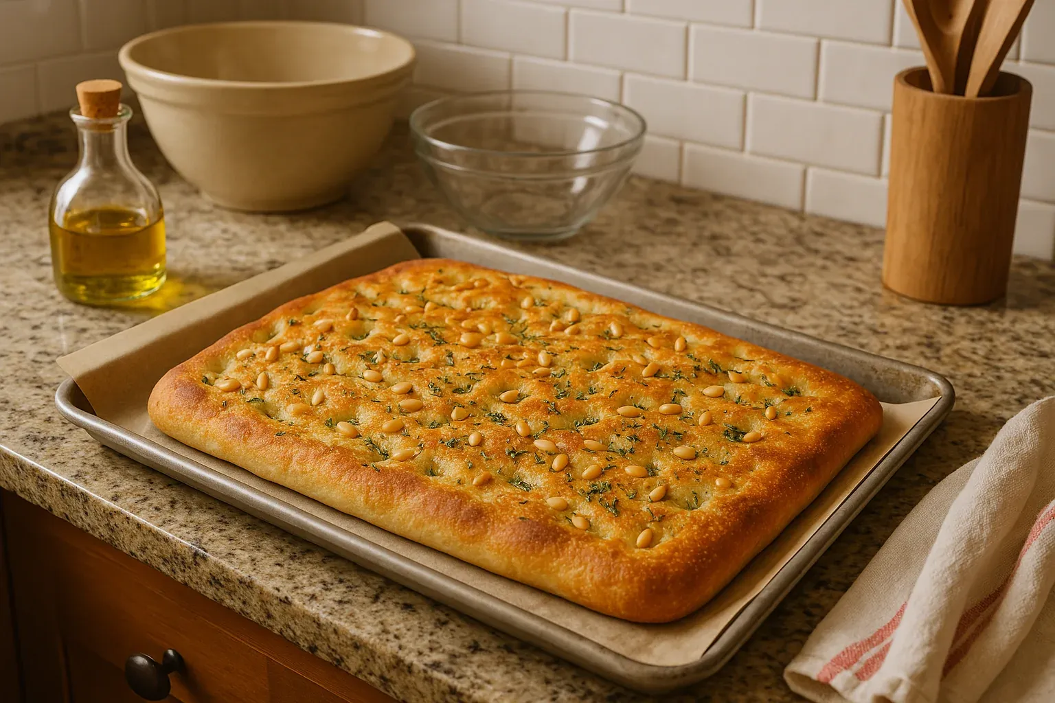 Golden-brown focaccia topped with pine nuts and herbs on a baking sheet in a kitchen setting.