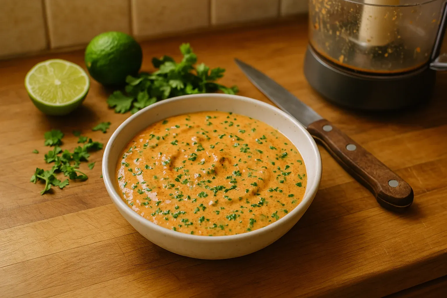 Creamy cilantro lime sauce in a bowl on a wooden countertop, surrounded by fresh lime and cilantro.