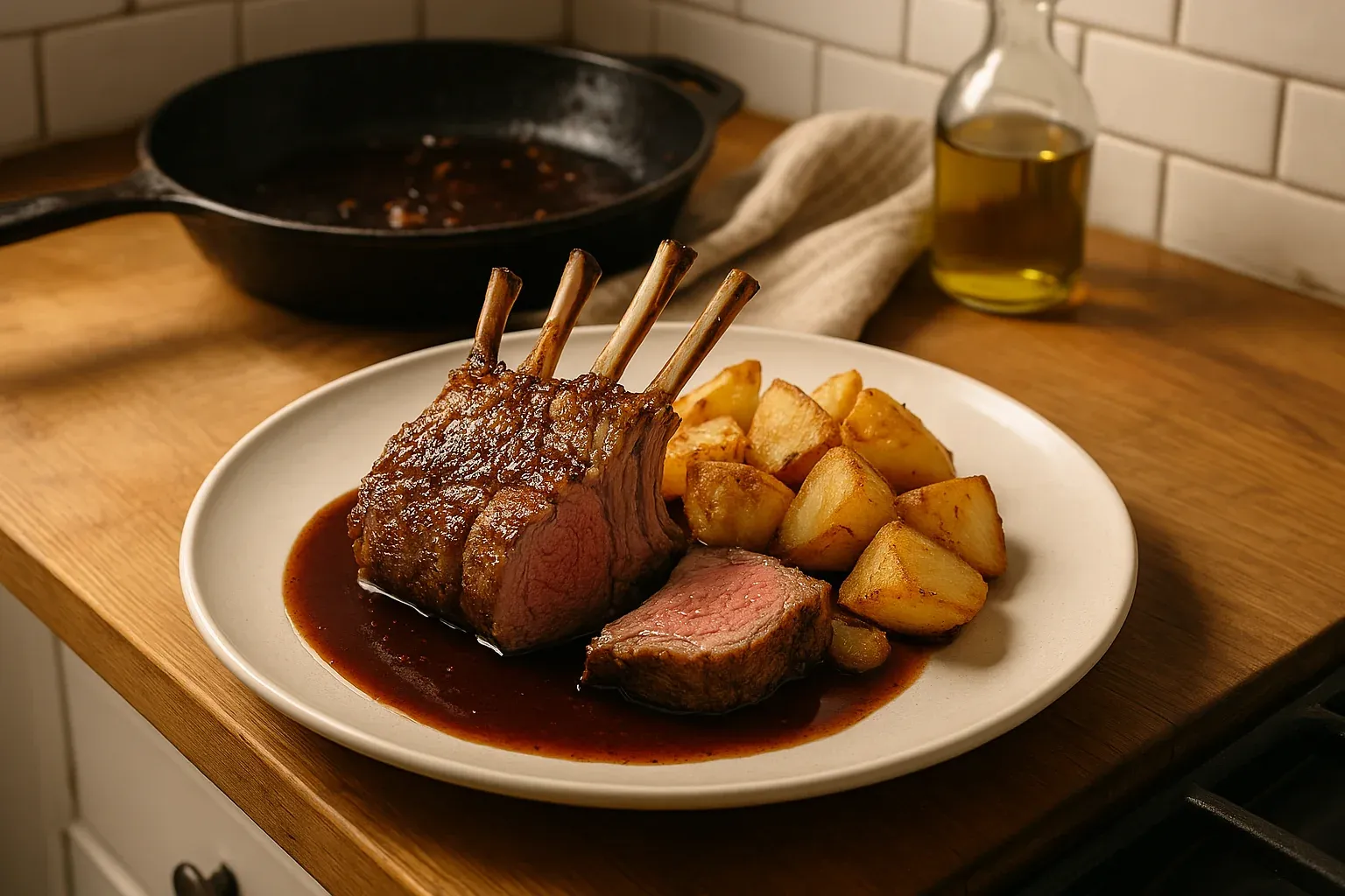 Roast rack of lamb with crispy potatoes and rich gravy on a white plate, set on a wooden countertop near a cast iron skillet and olive oil bottle.