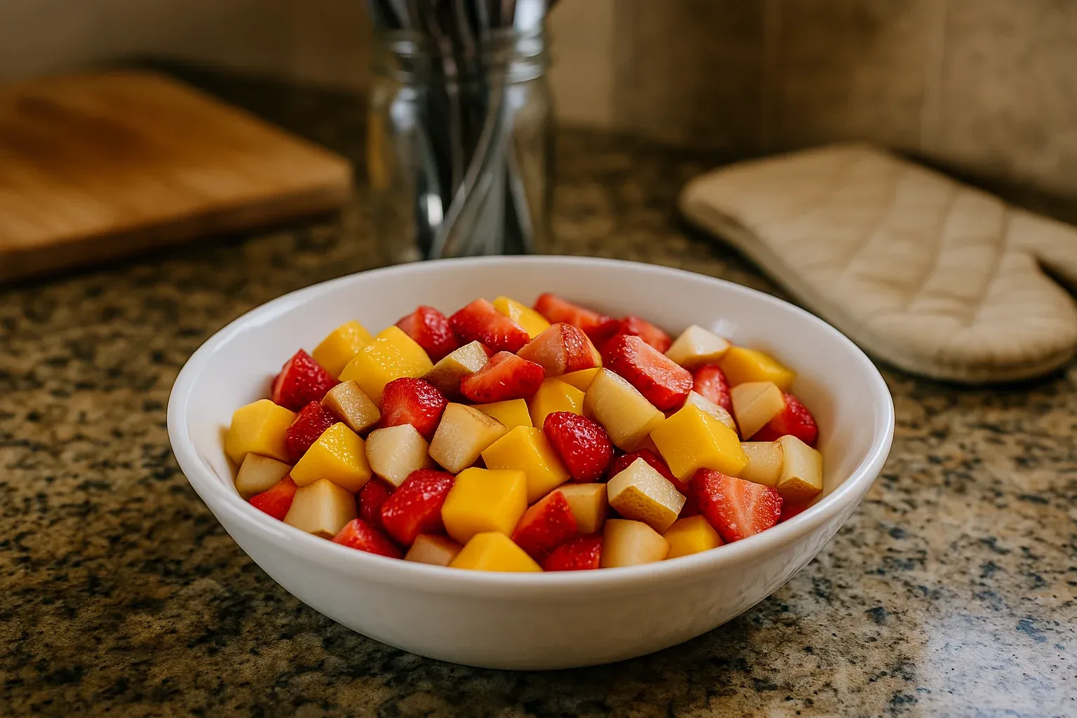 A bowl of fresh fruit salad with diced strawberries, mangoes, and pears on a kitchen counter.