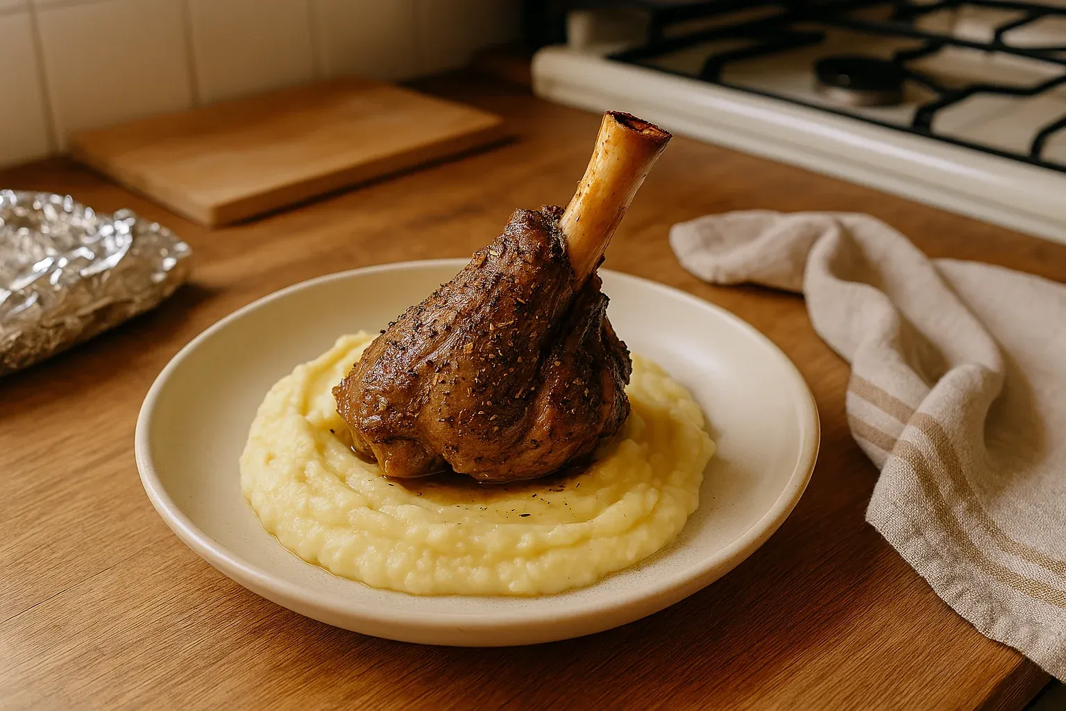 Braised lamb shank served on a bed of creamy mashed potatoes in a rustic kitchen setting.