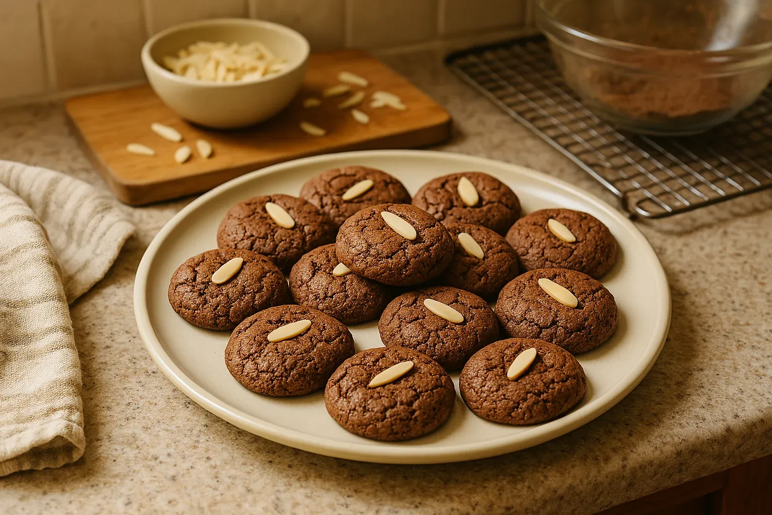 Plate of chocolate cookies topped with almond slices on a kitchen counter with baking ingredients in the background.