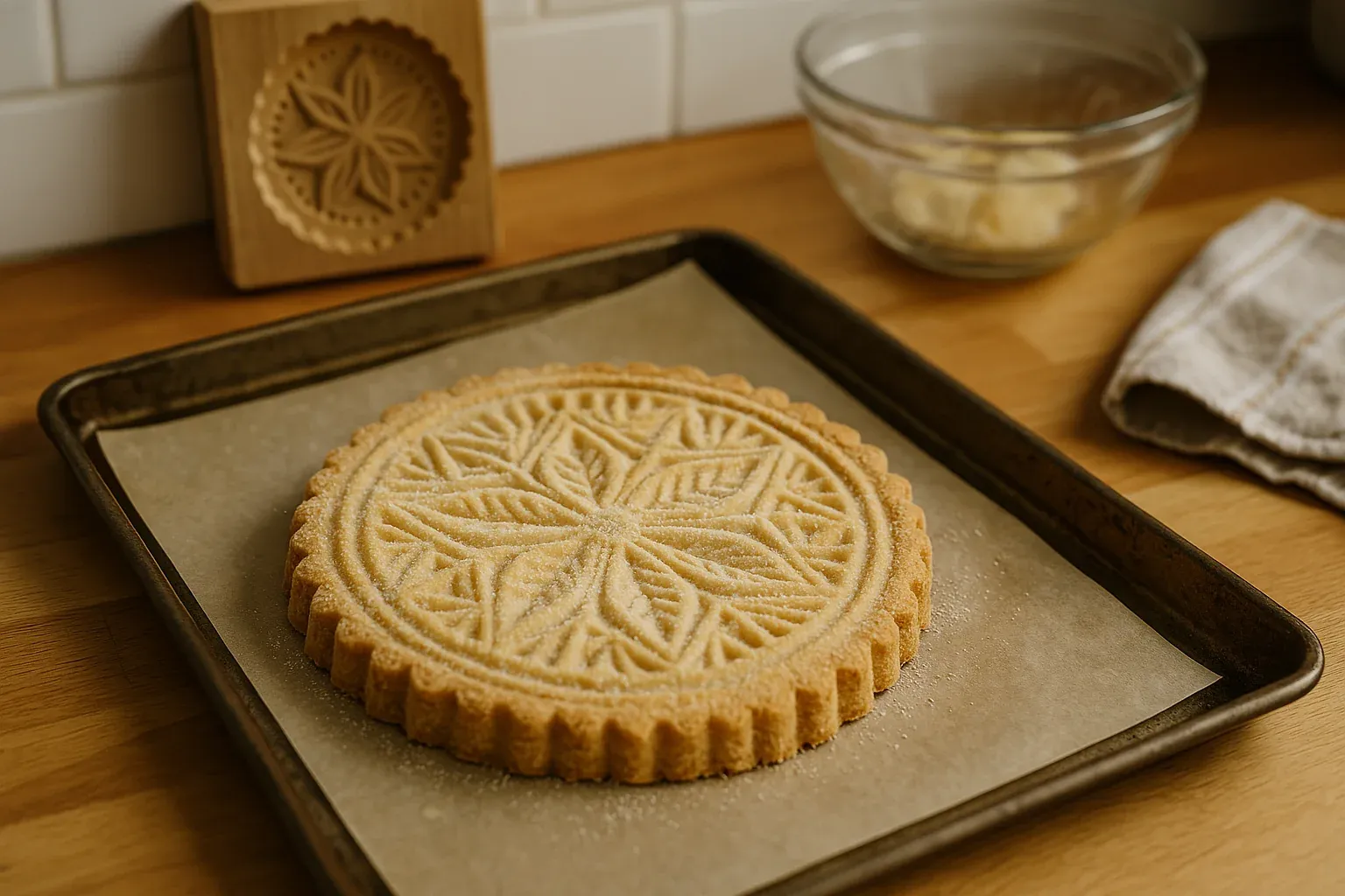 Freshly baked shortbread cookie with intricate pattern on parchment-lined baking sheet, wooden cookie mold and ingredients in the background.