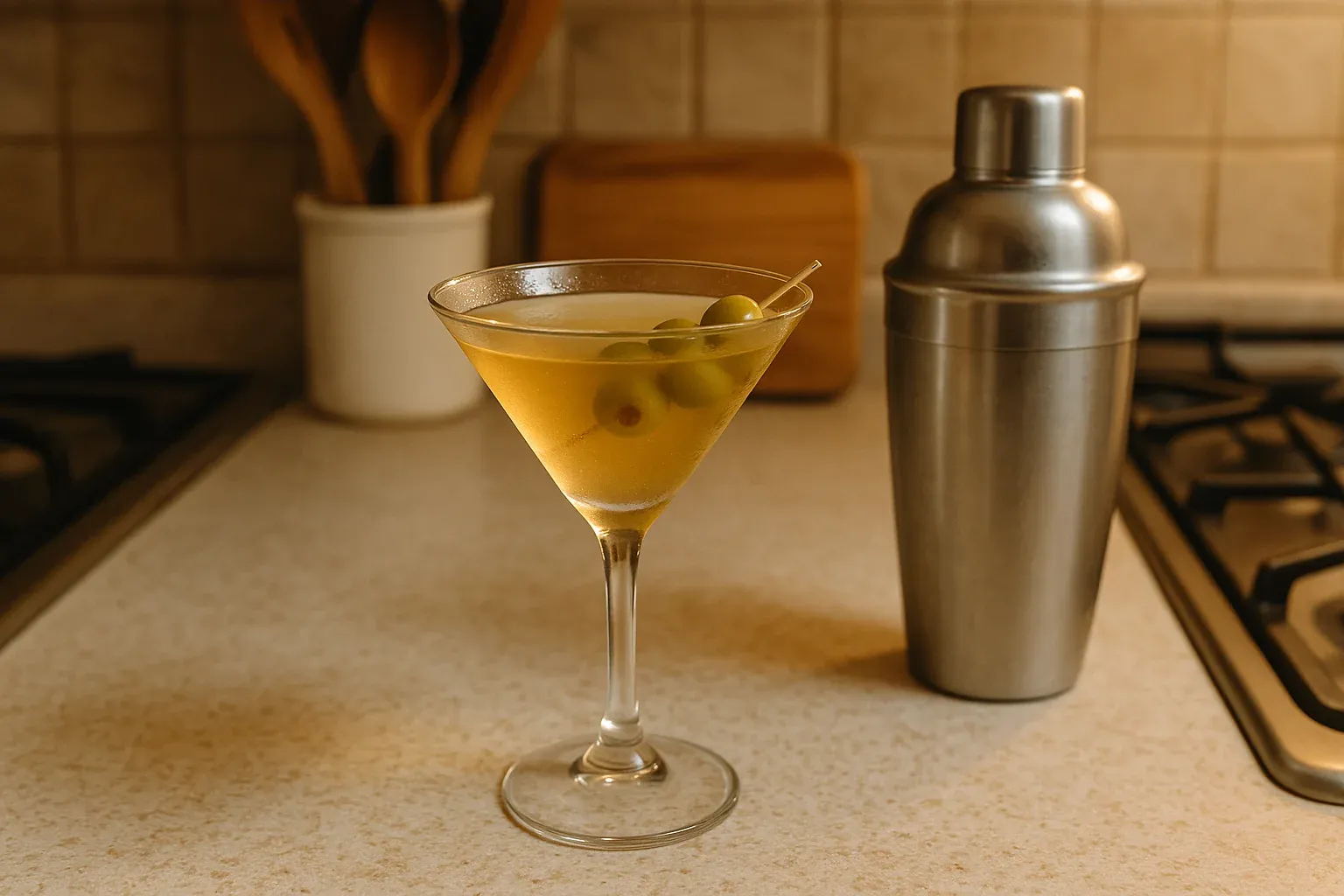 Martini garnished with green olives beside a cocktail shaker on a kitchen counter.