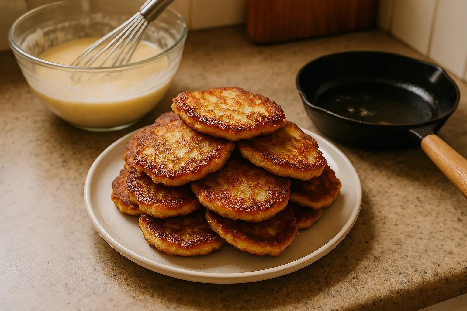 Golden, crispy potato pancakes stacked on a plate with a bowl of batter and a cast-iron skillet in the background.