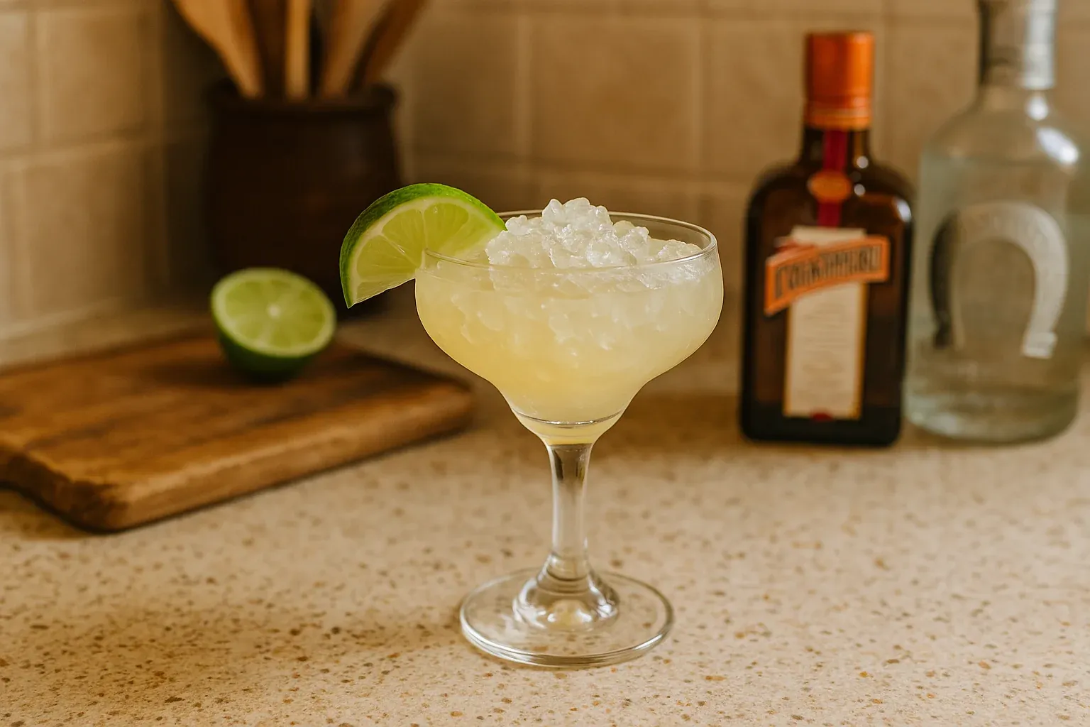 Frozen margarita garnished with a lime wedge, with Cointreau and tequila bottles in the background on a kitchen countertop.