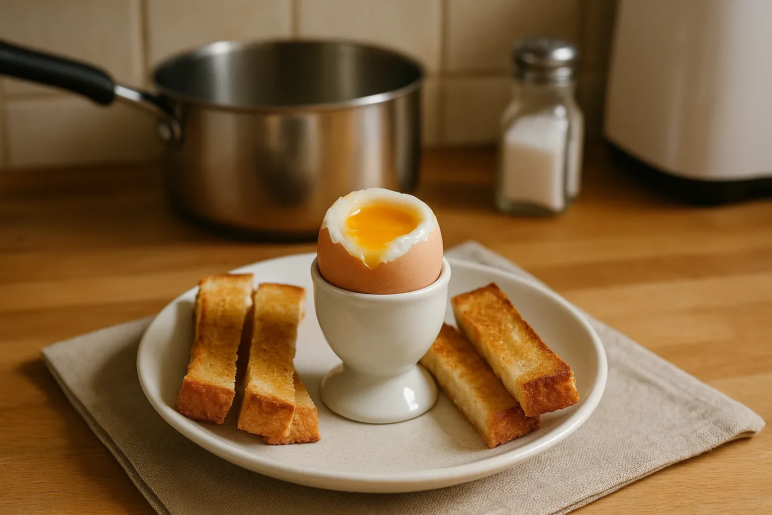 Soft-boiled egg in an egg cup with toast soldiers on a plate, set on a wooden table with a saucepan and salt shaker in the background.