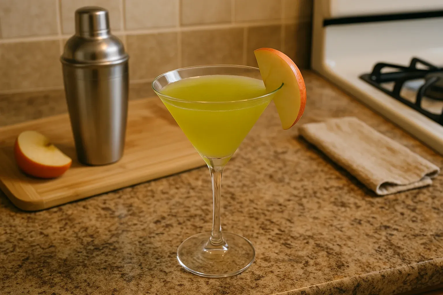 Green apple martini in a cocktail glass garnished with a fresh apple slice, with a cocktail shaker and apple wedge on a cutting board.