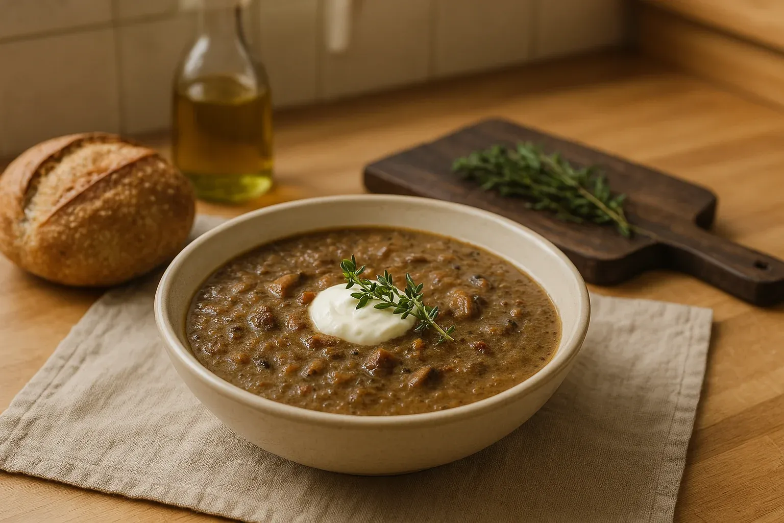 Hearty lentil soup with a dollop of cream and fresh thyme, served with crusty bread and olive oil.