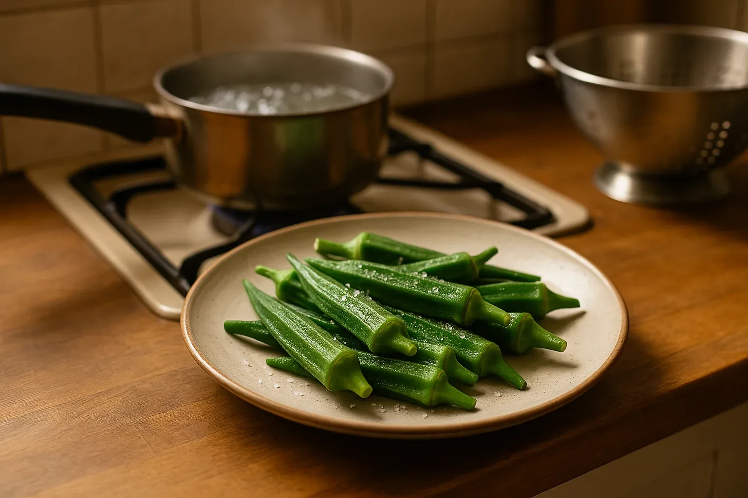 Fresh okra on a plate with salt, ready to be cooked, with a pot of boiling water and a colander in the background.
