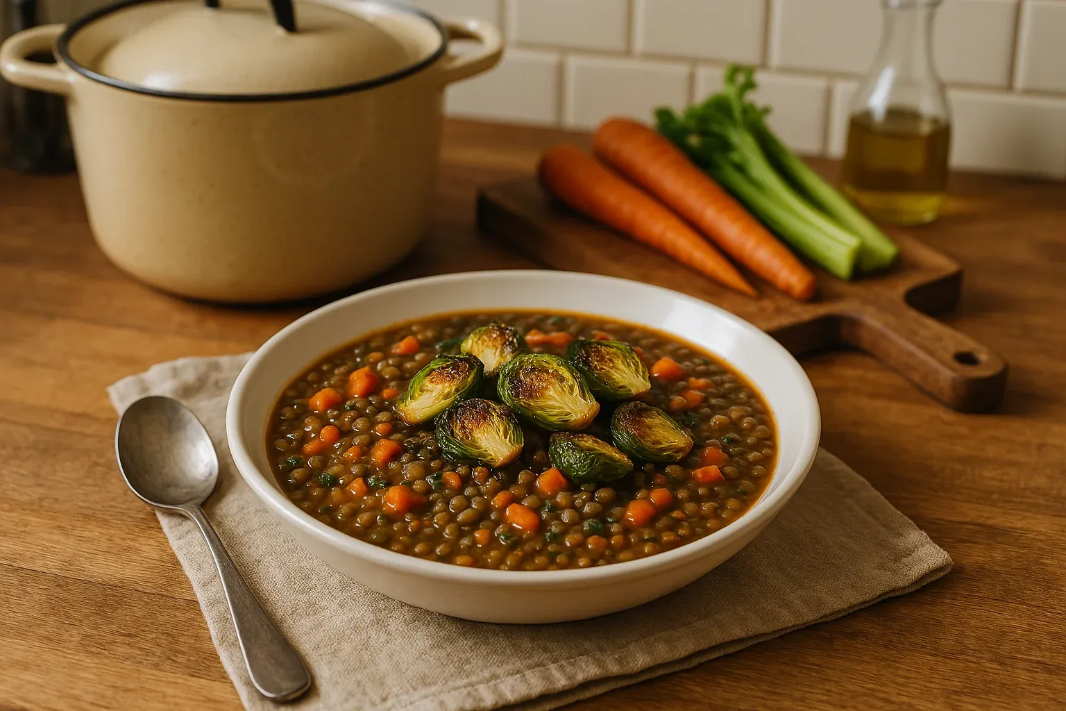 Hearty lentil soup with roasted Brussels sprouts, carrots, and celery in a white bowl, set on a wooden table beside a pot and fresh vegetables.