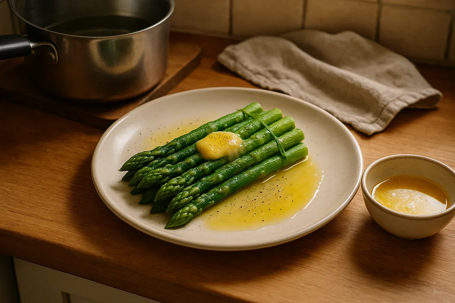 Steamed asparagus tied in a bundle, topped with hollandaise sauce, served on a white plate with extra sauce in a small bowl.