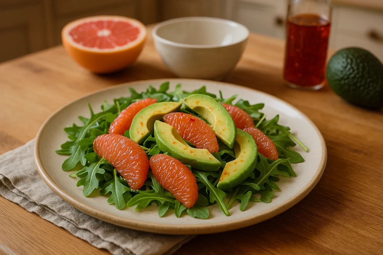 Arugula salad with avocado slices and grapefruit segments on a plate.