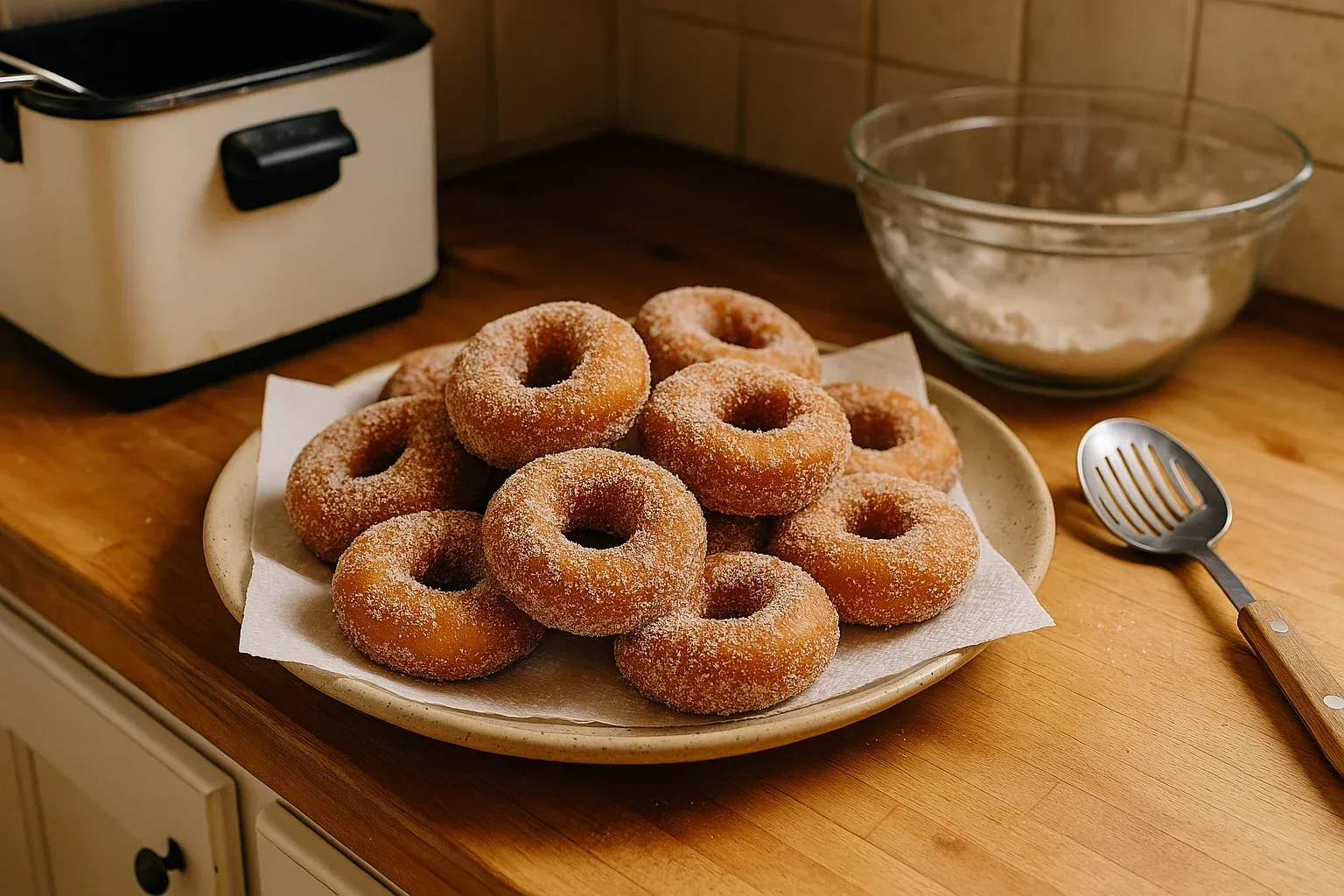 Homemade cinnamon sugar donuts stacked on a plate, with a deep fryer and mixing bowl in the background on a wooden countertop.