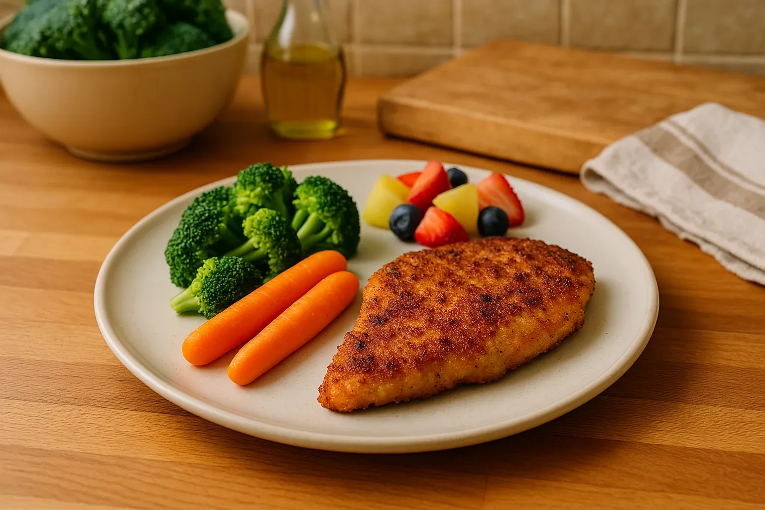 Crispy breaded chicken with steamed broccoli, baby carrots, and a fresh fruit medley on a white plate.