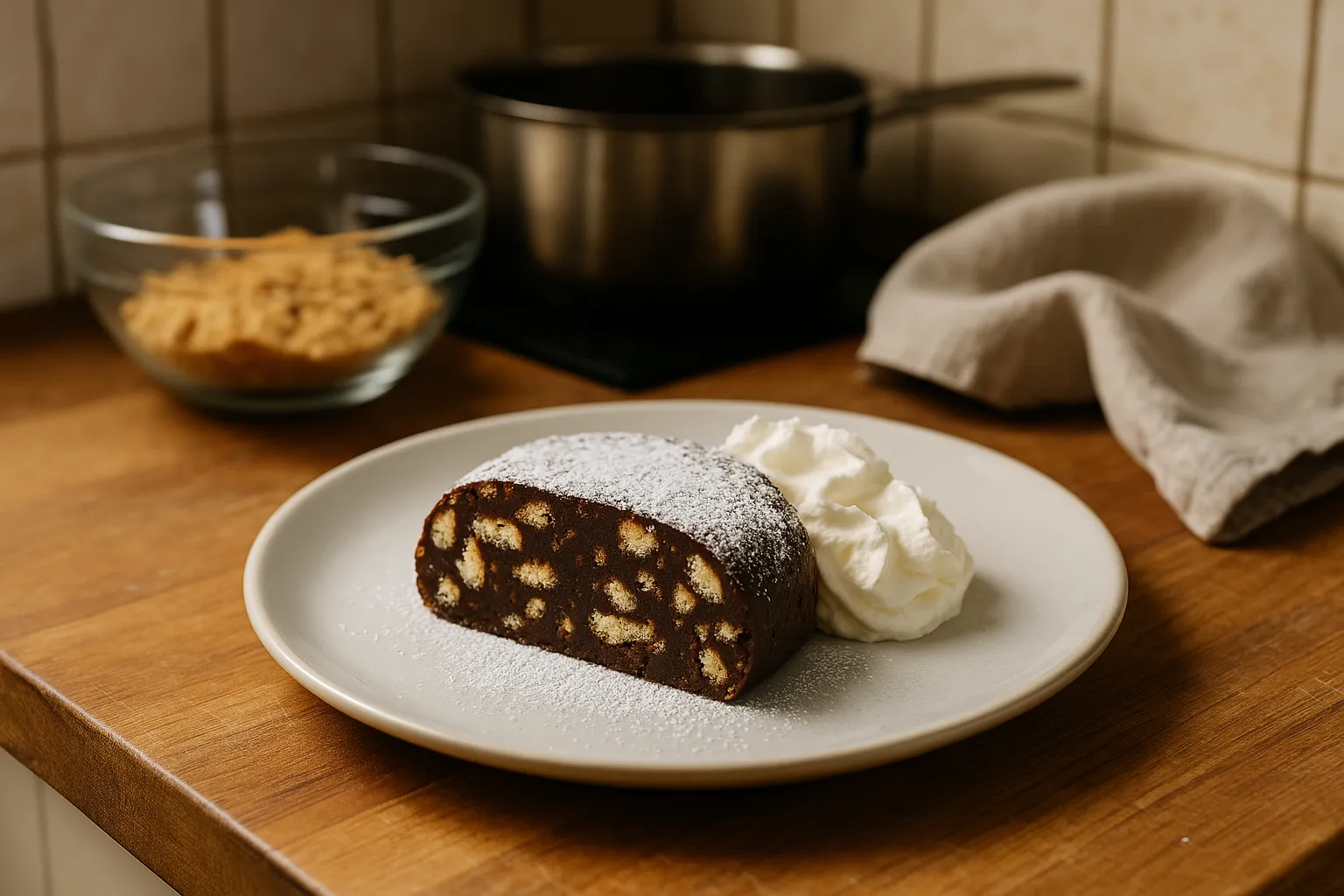 Chocolate biscuit cake dusted with powdered sugar, served with whipped cream on a plate, kitchen setting in the background.