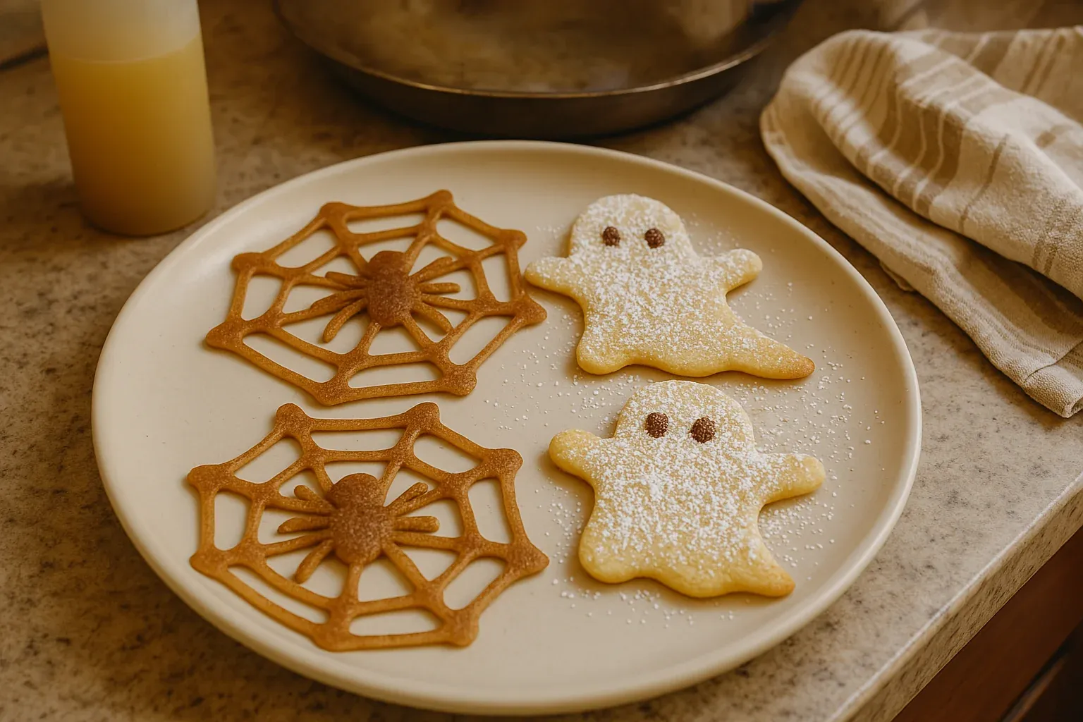 Halloween-themed cookies: spider webs and powdered sugar ghosts on a plate, ready for serving.
