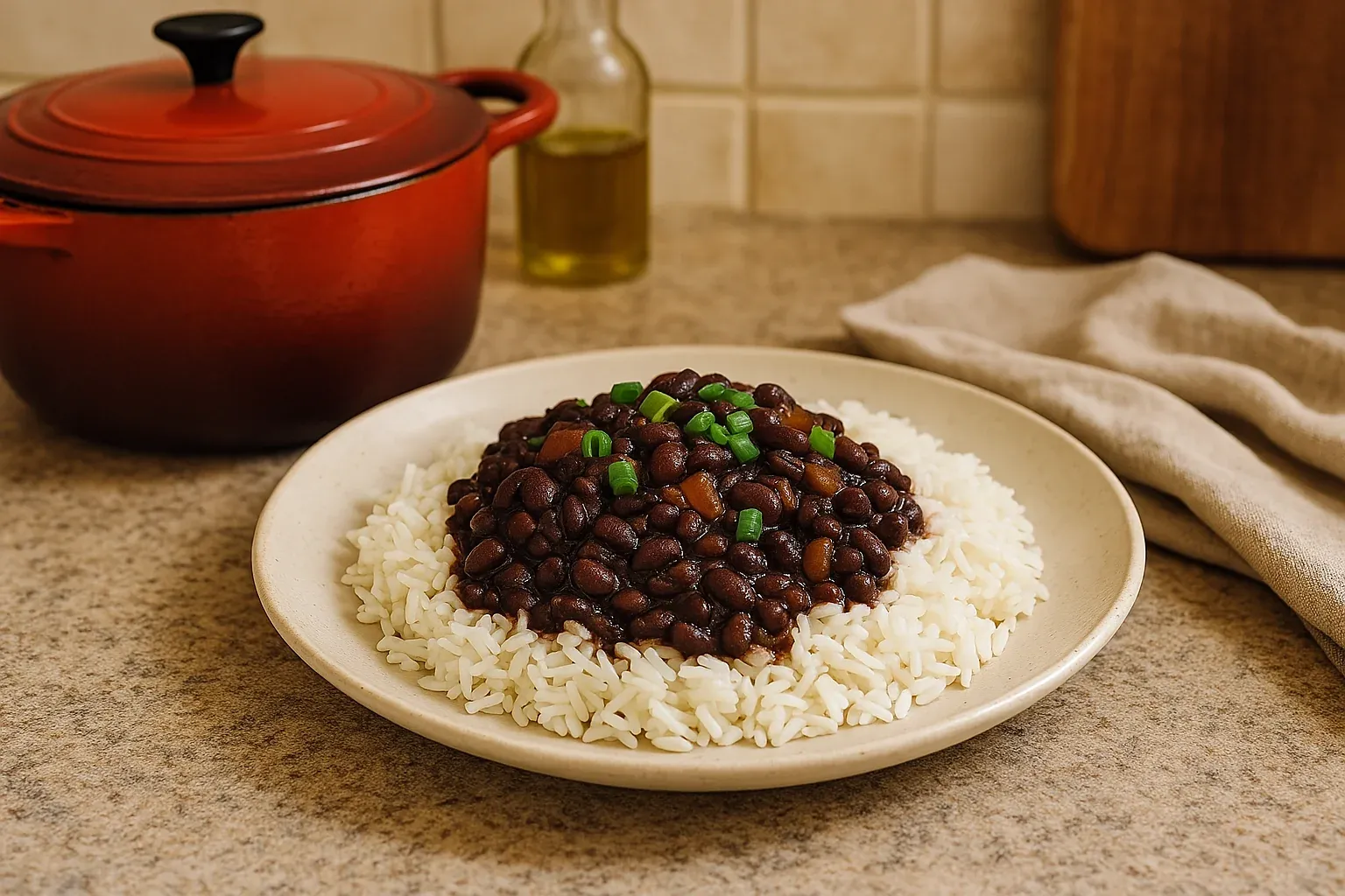 A plate of white rice topped with cooked black beans and garnished with chopped green onions, with a red pot and olive oil bottle in the background.