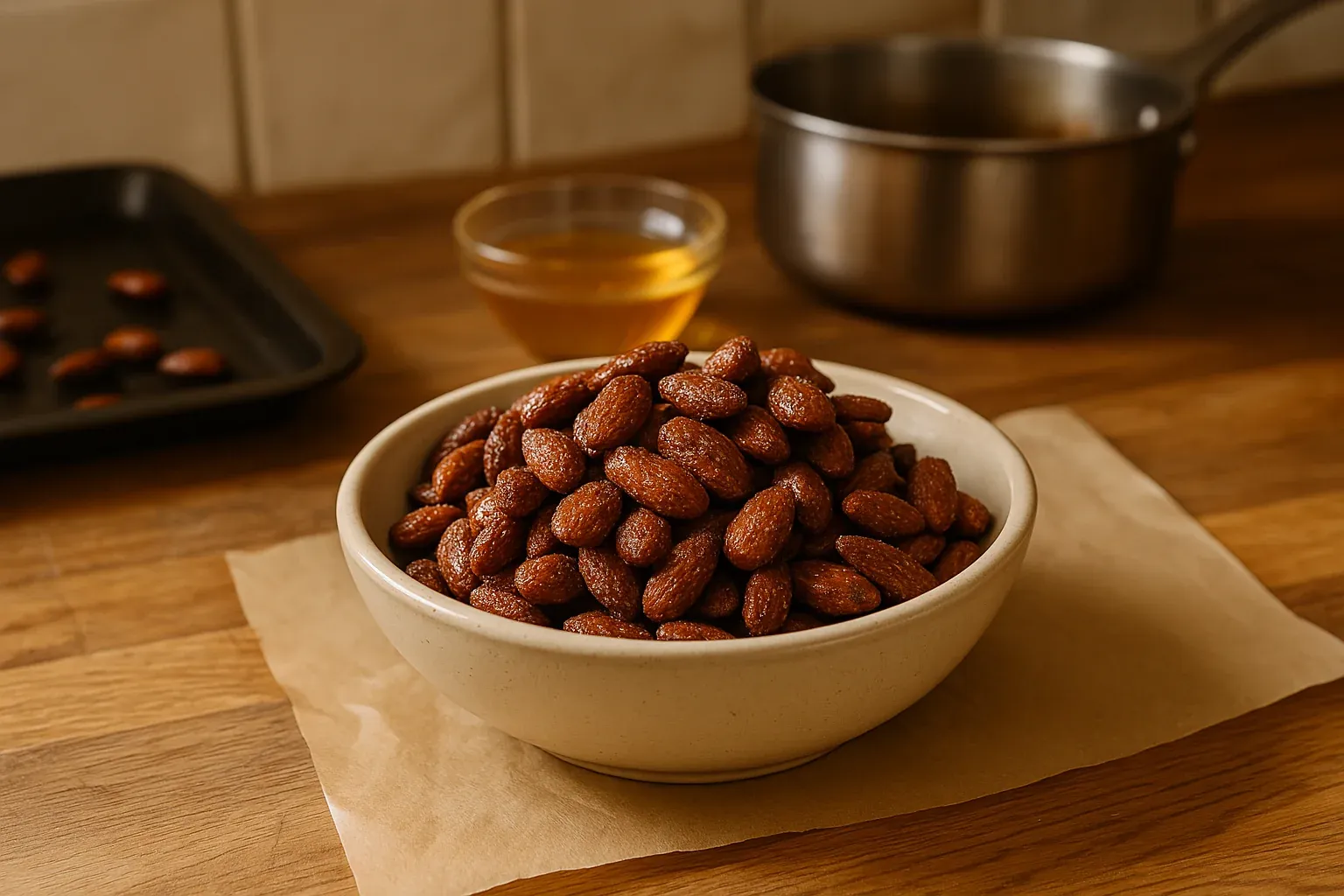 Bowl of honey-roasted almonds on a wooden countertop with a baking tray and a pot in the background.