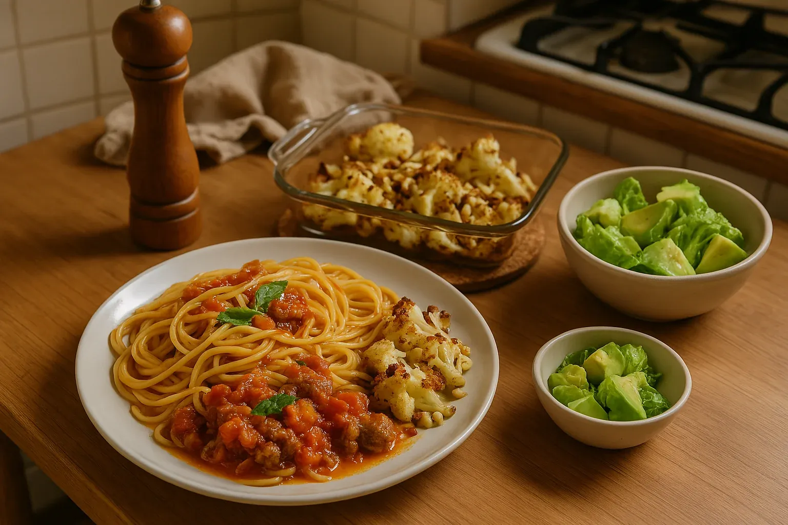 Spaghetti with tomato sauce, roasted cauliflower, and avocado lettuce salad on a wooden table, perfect for a wholesome meal.