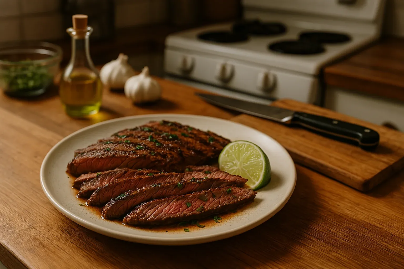 Sliced grilled steak garnished with herbs, served with a lime wedge on a white plate; kitchen knife and ingredients in the background.